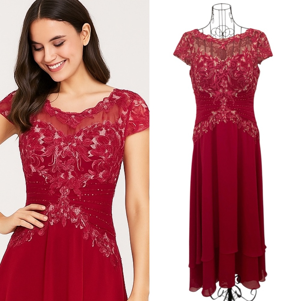 New! Burgundy Lace Cap Sleeve Evening Dress Special Occasion